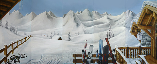wintersport decor, decor huren, apres ski decor, themafeest apres ski, sneeuwlandschap, besneeuwde bergen 