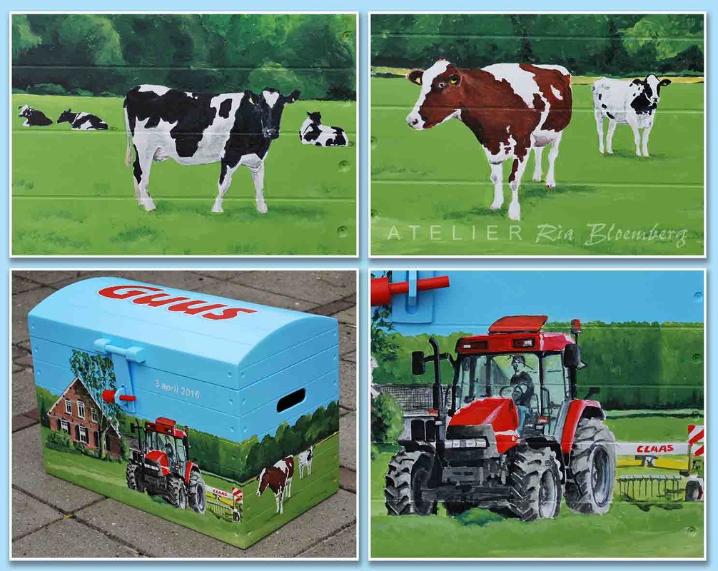 geboortekist boerderij, kraamcadeau met naam, hand painted, toy box, personalized