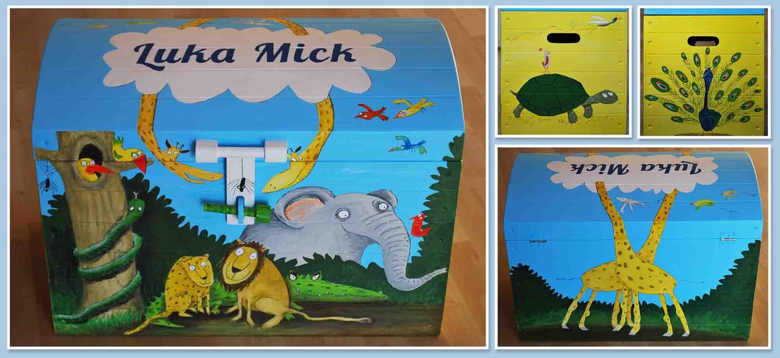 speelgoedkist wilde dieren, beschilderde kist, houten kist met naam, hand painted, toy box, personalized